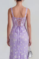 Laden Sie das Bild in den Galerie-Viewer, Flieder Etui Korsett Quadratischer Ausschnitt Midi Blumenkleid mit Schnürung hinten