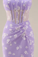 Laden Sie das Bild in den Galerie-Viewer, Flieder Etui Korsett Quadratischer Ausschnitt Midi Blumenkleid mit Schnürung hinten