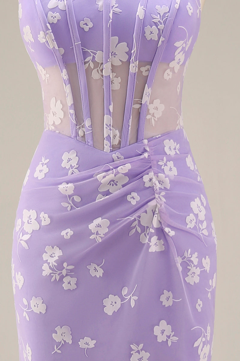 Laden Sie das Bild in den Galerie-Viewer, Flieder Etui Korsett Quadratischer Ausschnitt Midi Blumenkleid mit Schnürung hinten