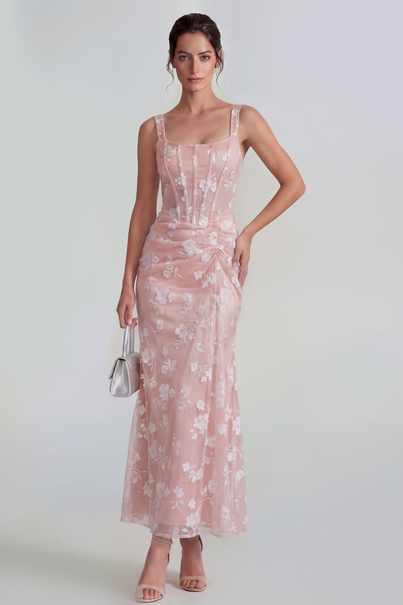 Laden Sie das Bild in den Galerie-Viewer, Flieder Etui Korsett Quadratischer Ausschnitt Midi Blumenkleid mit Schnürung hinten