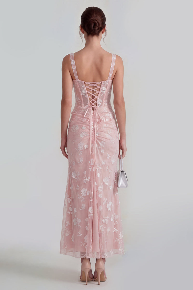 Laden Sie das Bild in den Galerie-Viewer, Flieder Etui Korsett Quadratischer Ausschnitt Midi Blumenkleid mit Schnürung hinten
