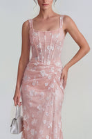 Laden Sie das Bild in den Galerie-Viewer, Flieder Etui Korsett Quadratischer Ausschnitt Midi Blumenkleid mit Schnürung hinten
