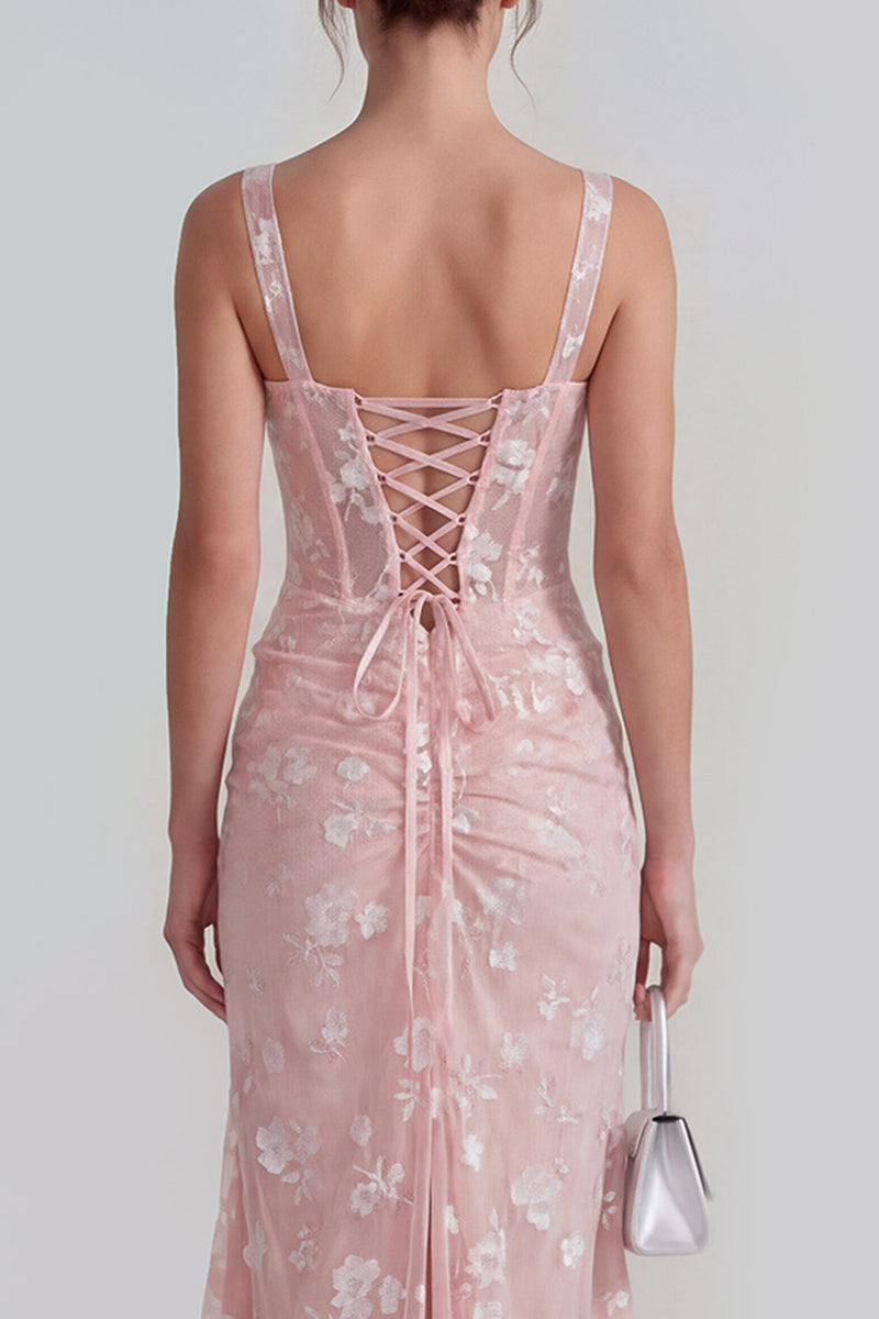 Laden Sie das Bild in den Galerie-Viewer, Flieder Etui Korsett Quadratischer Ausschnitt Midi Blumenkleid mit Schnürung hinten