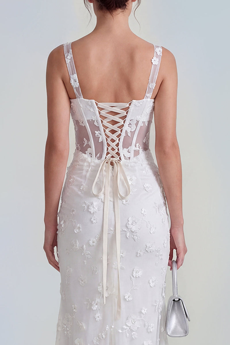 Laden Sie das Bild in den Galerie-Viewer, Flieder Etui Korsett Quadratischer Ausschnitt Midi Blumenkleid mit Schnürung hinten