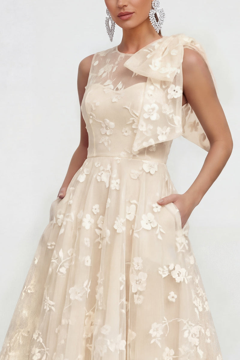 Laden Sie das Bild in den Galerie-Viewer, Rosa Geblümtes A-Linie Rundhals Ballkleid mit Rundhalsausschnitt und Taschen