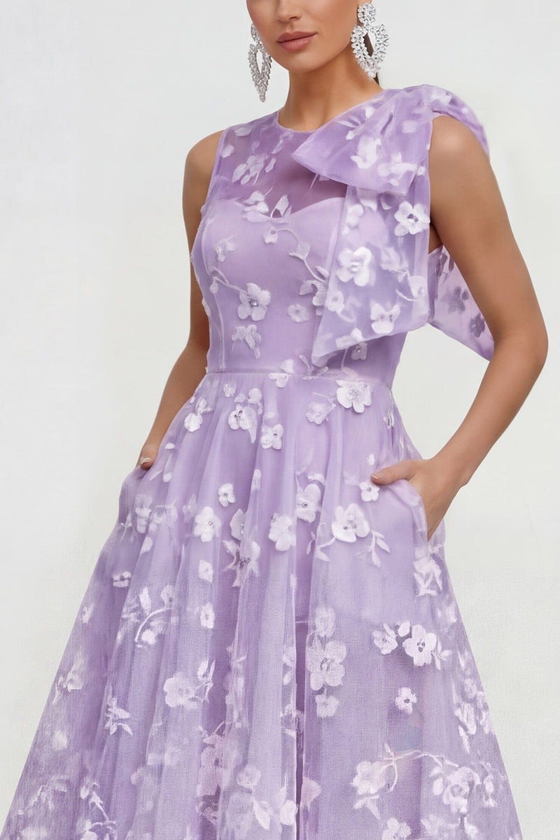 Laden Sie das Bild in den Galerie-Viewer, Rosa Geblümtes A-Linie Rundhals Ballkleid mit Rundhalsausschnitt und Taschen