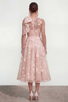 Rosa Geblümtes A-Linie Rundhals Ballkleid mit Rundhalsausschnitt und Taschen