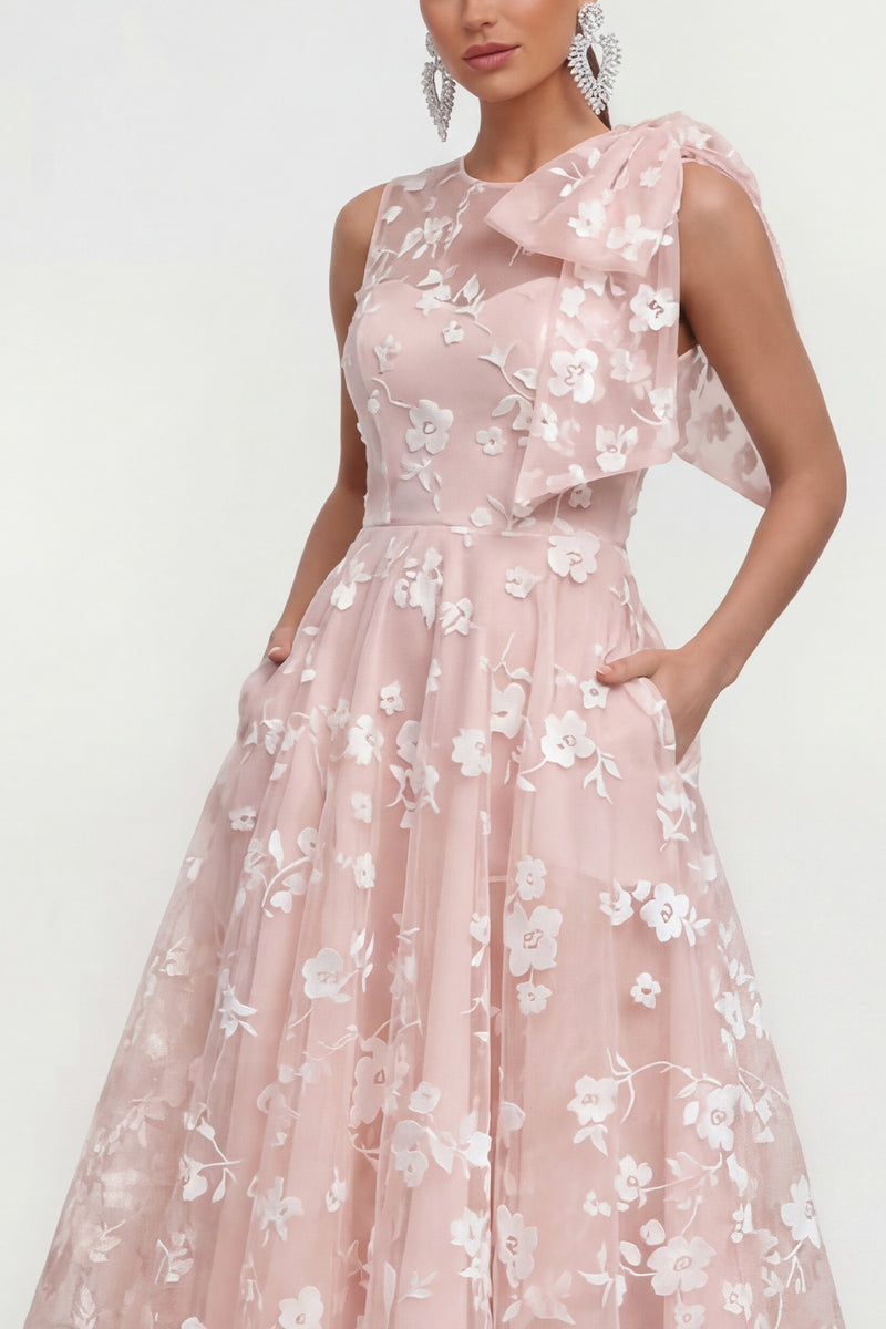 Laden Sie das Bild in den Galerie-Viewer, Rosa Geblümtes A-Linie Rundhals Ballkleid mit Rundhalsausschnitt und Taschen