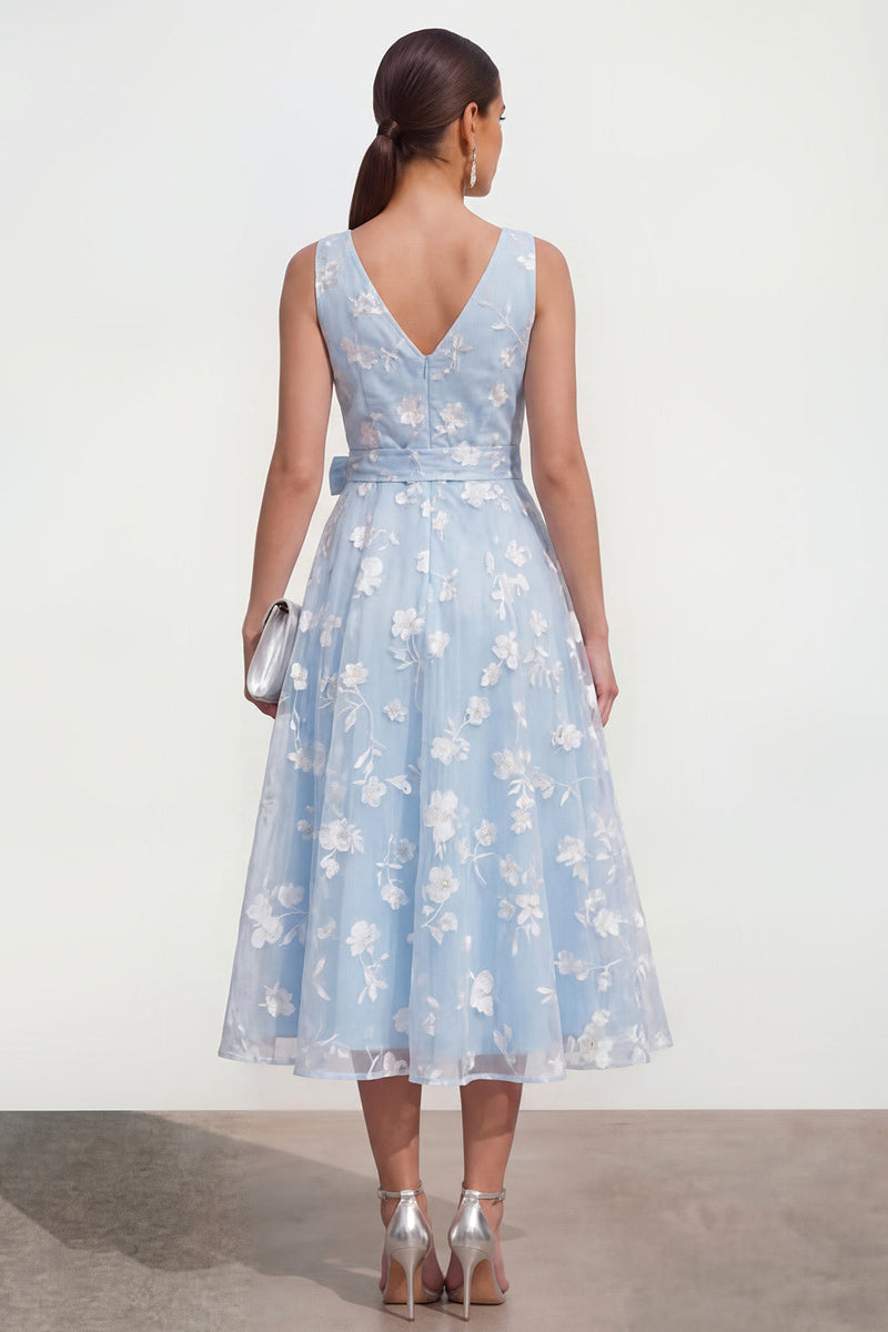 Laden Sie das Bild in den Galerie-Viewer, Lila A-Linie V-Ausschnitt Midi Blumenkleid mit Schleife