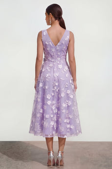Lila A-Linie V-Ausschnitt Midi Blumenkleid mit Schleife