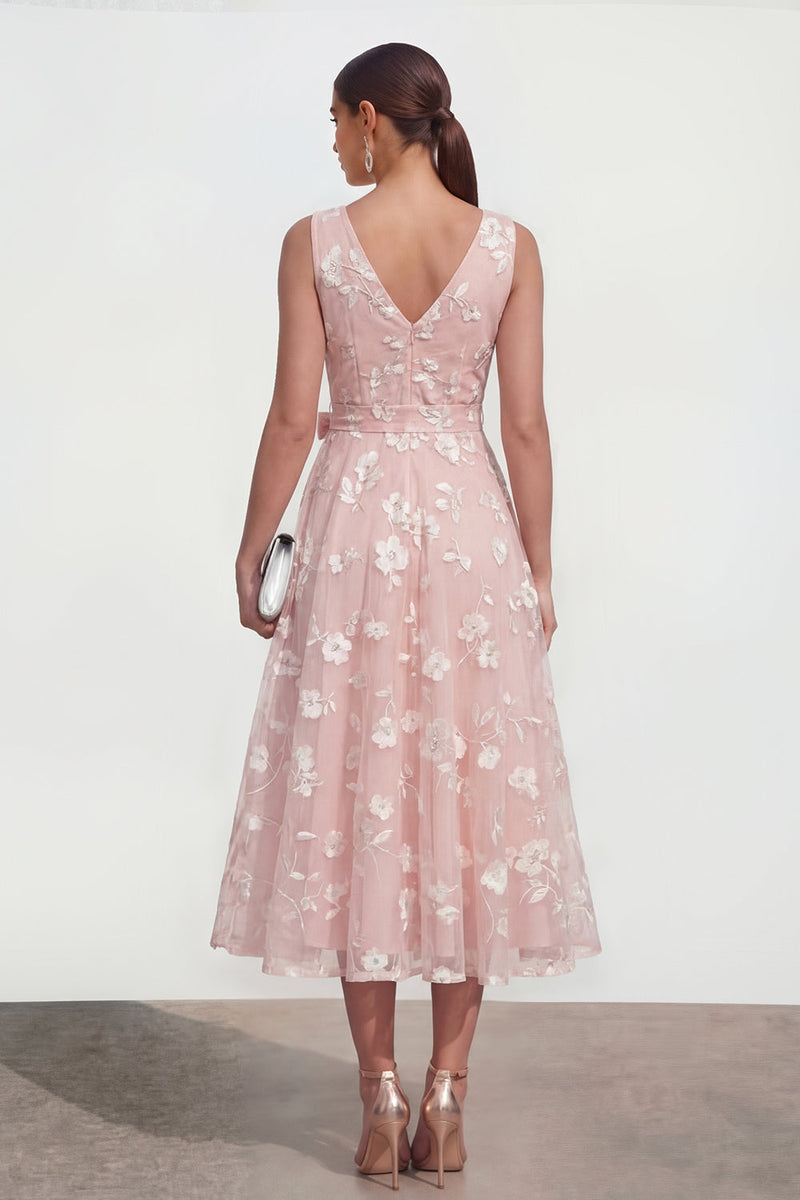 Laden Sie das Bild in den Galerie-Viewer, Lila A-Linie V-Ausschnitt Midi Blumenkleid mit Schleife