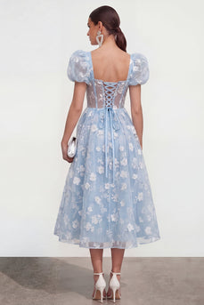 Blaues Blumen A-Linie Spitze Midi-Kleid mit Puffärmeln