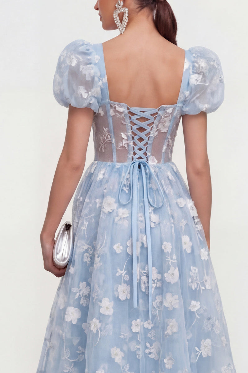 Laden Sie das Bild in den Galerie-Viewer, Blaues Blumen A-Linie Spitze Midi-Kleid mit Puffärmeln