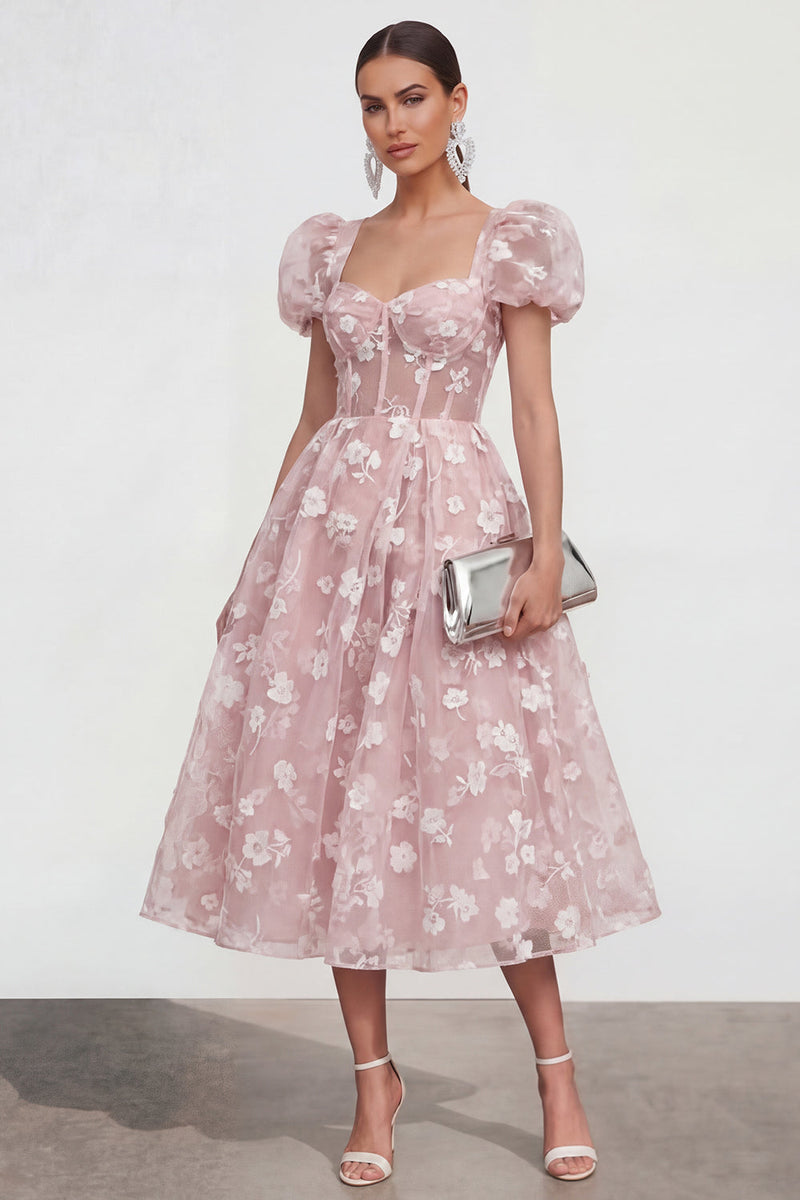 Laden Sie das Bild in den Galerie-Viewer, Blaues Blumen A-Linie Spitze Midi-Kleid mit Puffärmeln