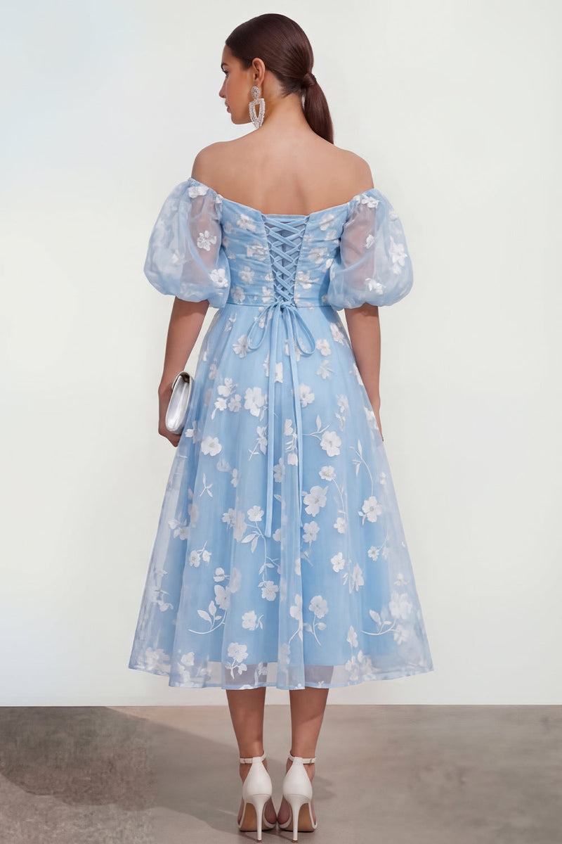 Laden Sie das Bild in den Galerie-Viewer, Schulterfreies A-Linie Rosa Midi Blumenkleid mit Schnürung hinten