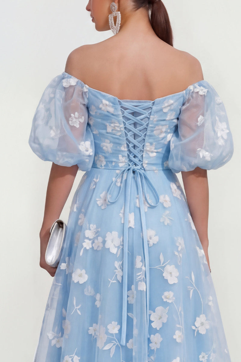 Laden Sie das Bild in den Galerie-Viewer, Schulterfreies A-Linie Rosa Midi Blumenkleid mit Schnürung hinten