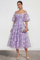 Laden Sie das Bild in den Galerie-Viewer, Schulterfreies A-Linie Rosa Midi Blumenkleid mit Schnürung hinten
