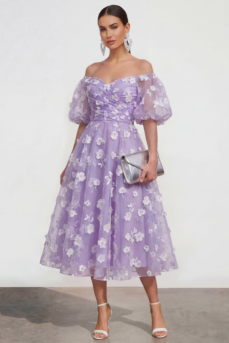 Laden Sie das Bild in den Galerie-Viewer, Schulterfreies A-Linie Rosa Midi Blumenkleid mit Schnürung hinten