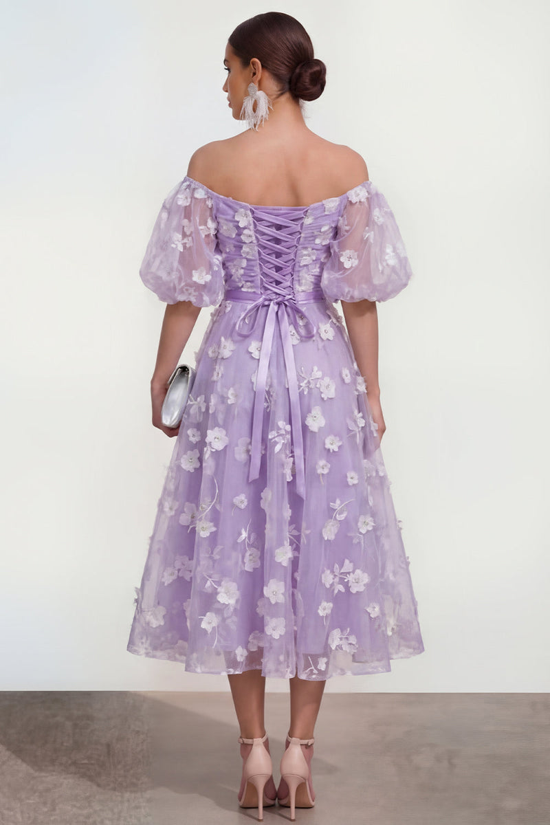 Laden Sie das Bild in den Galerie-Viewer, Schulterfreies A-Linie Rosa Midi Blumenkleid mit Schnürung hinten