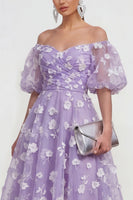 Laden Sie das Bild in den Galerie-Viewer, Schulterfreies A-Linie Rosa Midi Blumenkleid mit Schnürung hinten