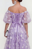 Laden Sie das Bild in den Galerie-Viewer, Schulterfreies A-Linie Rosa Midi Blumenkleid mit Schnürung hinten