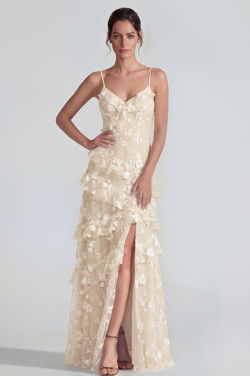 Laden Sie das Bild in den Galerie-Viewer, Shearh Lilac Blumen-Spaghettiträger Maxikleid mit Rüschen und Schlitz