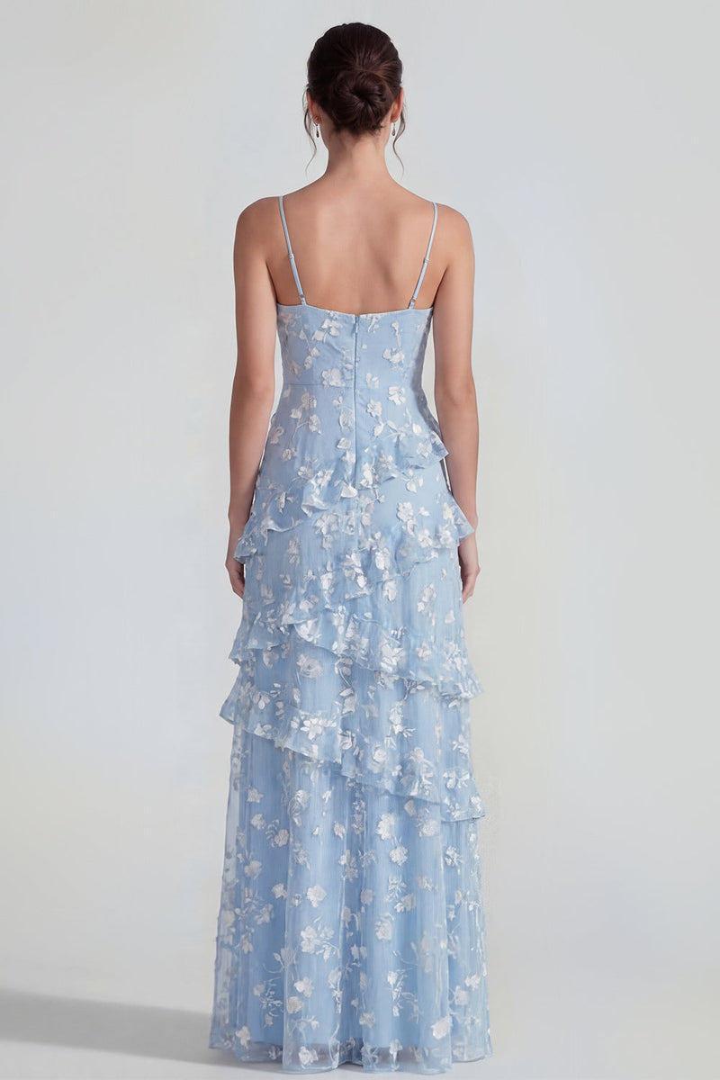 Laden Sie das Bild in den Galerie-Viewer, Shearh Lilac Blumen-Spaghettiträger Maxikleid mit Rüschen und Schlitz