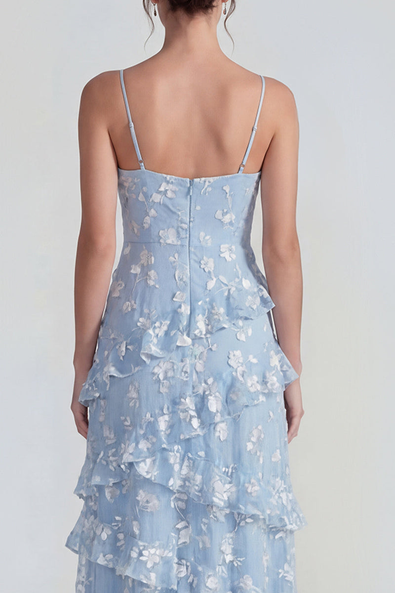 Laden Sie das Bild in den Galerie-Viewer, Shearh Lilac Blumen-Spaghettiträger Maxikleid mit Rüschen und Schlitz
