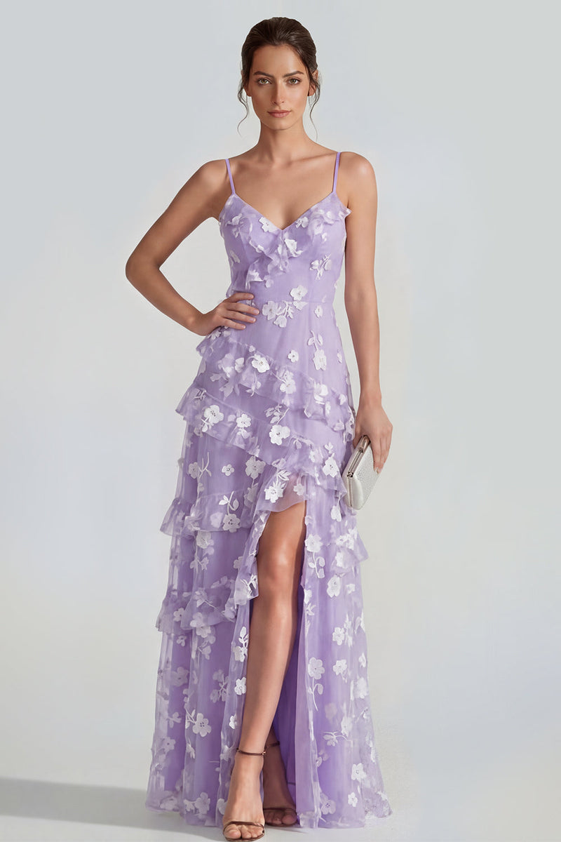 Laden Sie das Bild in den Galerie-Viewer, Shearh Lilac Blumen-Spaghettiträger Maxikleid mit Rüschen und Schlitz