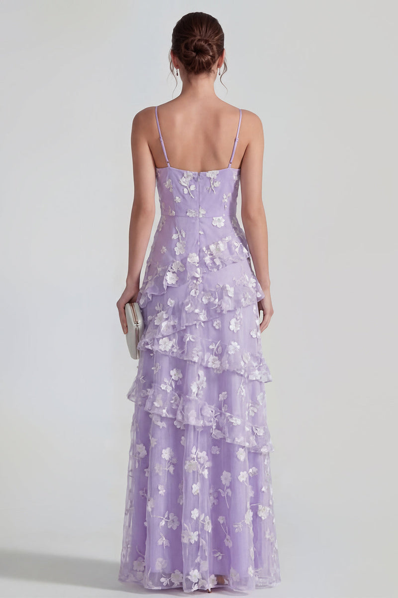 Laden Sie das Bild in den Galerie-Viewer, Shearh Lilac Blumen-Spaghettiträger Maxikleid mit Rüschen und Schlitz