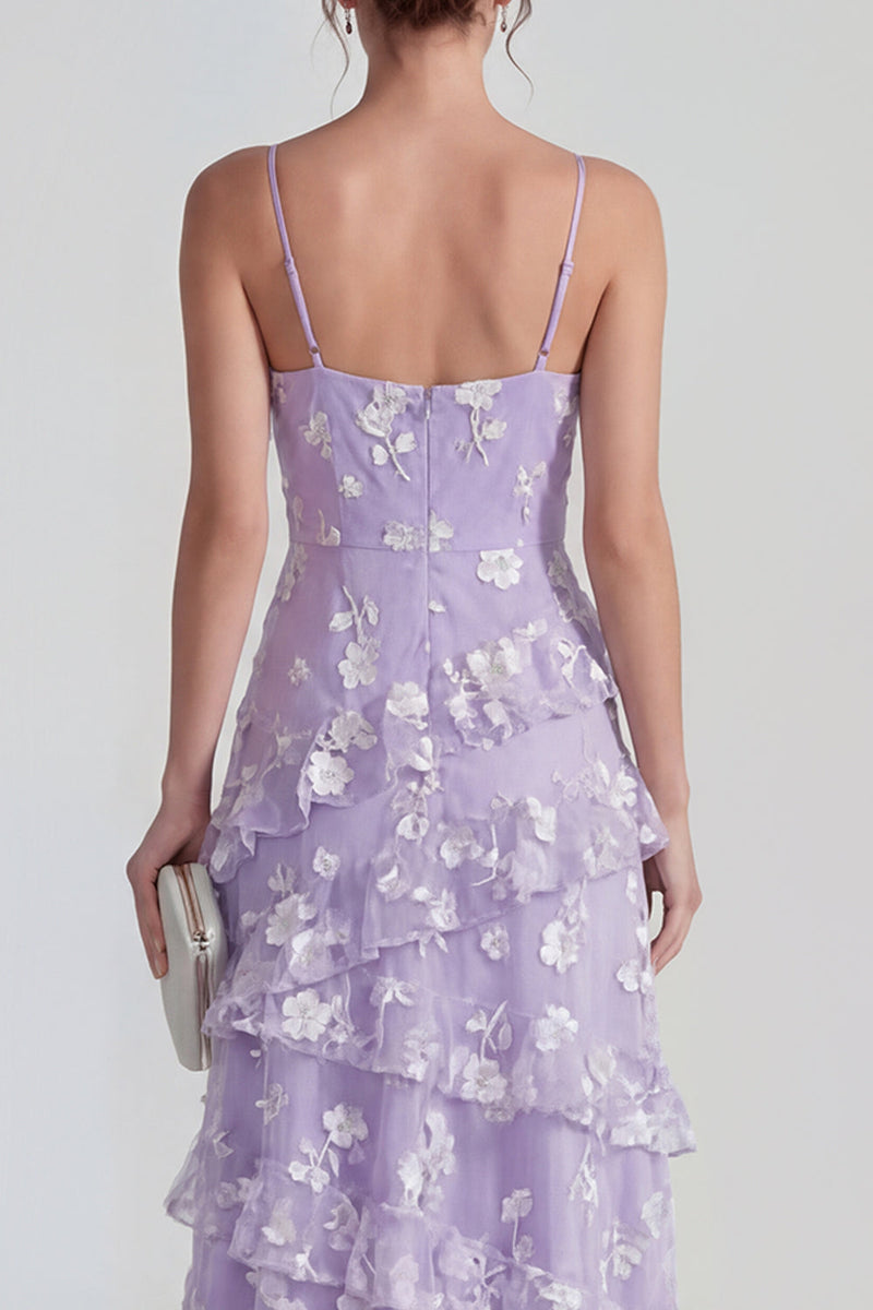 Laden Sie das Bild in den Galerie-Viewer, Shearh Lilac Blumen-Spaghettiträger Maxikleid mit Rüschen und Schlitz