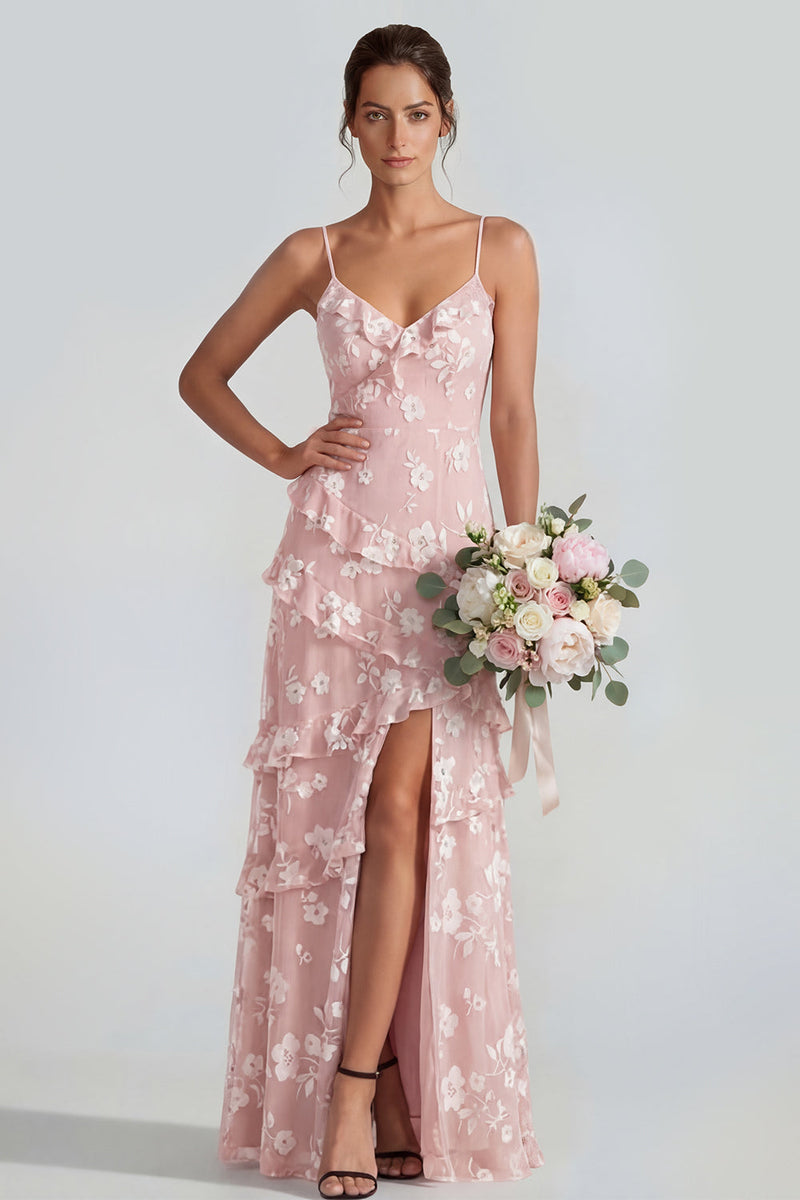 Laden Sie das Bild in den Galerie-Viewer, Shearh Lilac Blumen-Spaghettiträger Maxikleid mit Rüschen und Schlitz