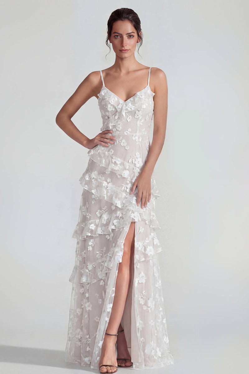 Laden Sie das Bild in den Galerie-Viewer, Shearh Lilac Blumen-Spaghettiträger Maxikleid mit Rüschen und Schlitz