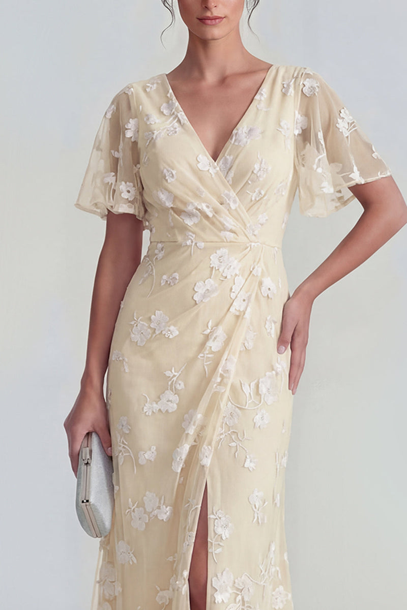 Laden Sie das Bild in den Galerie-Viewer, Blaues Scheide Kurzärmeliges Langes Blumenkleid mit Schlitz