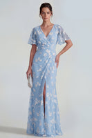 Laden Sie das Bild in den Galerie-Viewer, Blaues Scheide Kurzärmeliges Langes Blumenkleid mit Schlitz