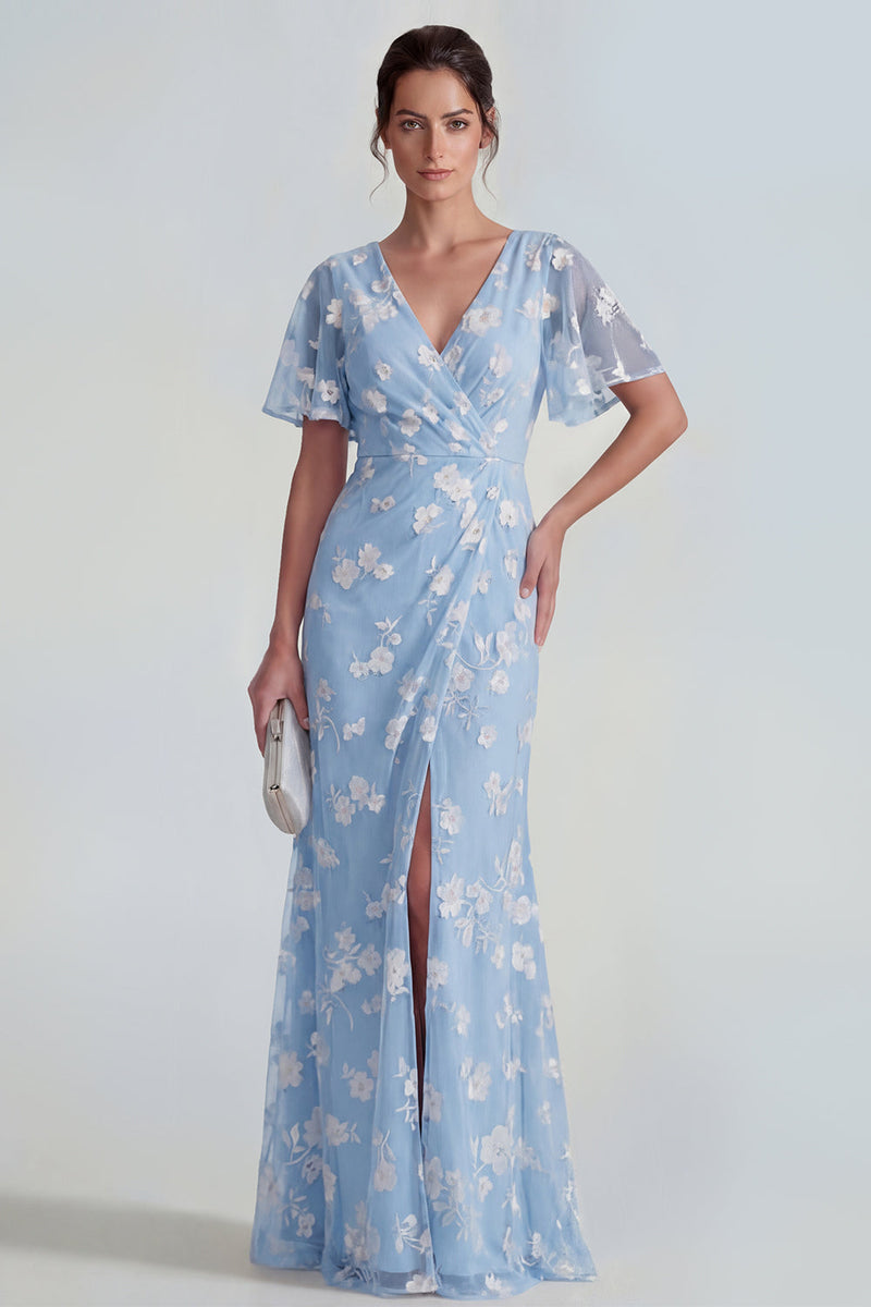 Laden Sie das Bild in den Galerie-Viewer, Blaues Scheide Kurzärmeliges Langes Blumenkleid mit Schlitz