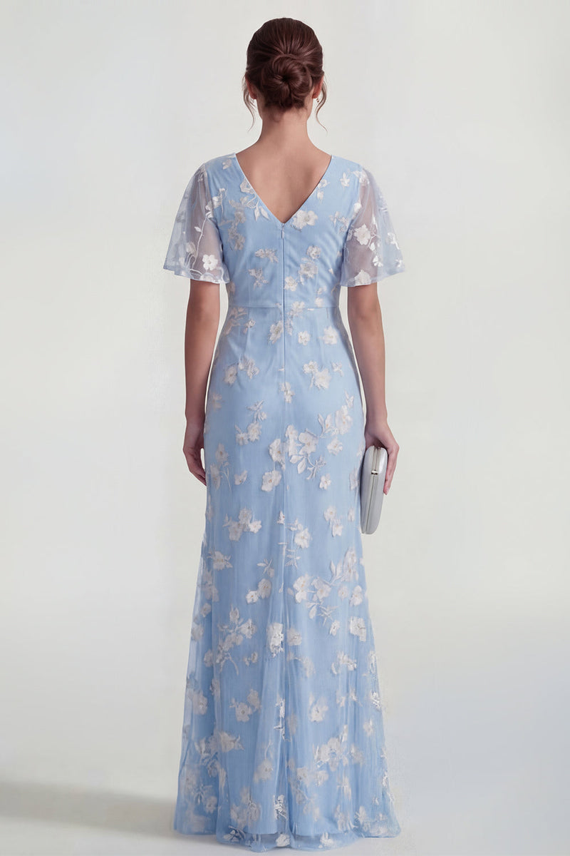 Laden Sie das Bild in den Galerie-Viewer, Blaues Scheide Kurzärmeliges Langes Blumenkleid mit Schlitz