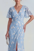 Laden Sie das Bild in den Galerie-Viewer, Blaues Scheide Kurzärmeliges Langes Blumenkleid mit Schlitz