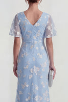 Laden Sie das Bild in den Galerie-Viewer, Blaues Scheide Kurzärmeliges Langes Blumenkleid mit Schlitz