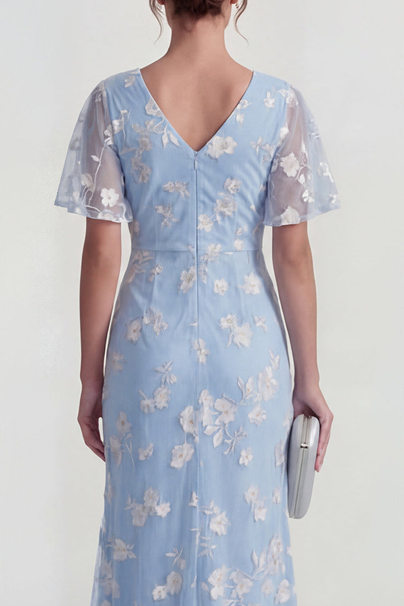 Laden Sie das Bild in den Galerie-Viewer, Blaues Scheide Kurzärmeliges Langes Blumenkleid mit Schlitz