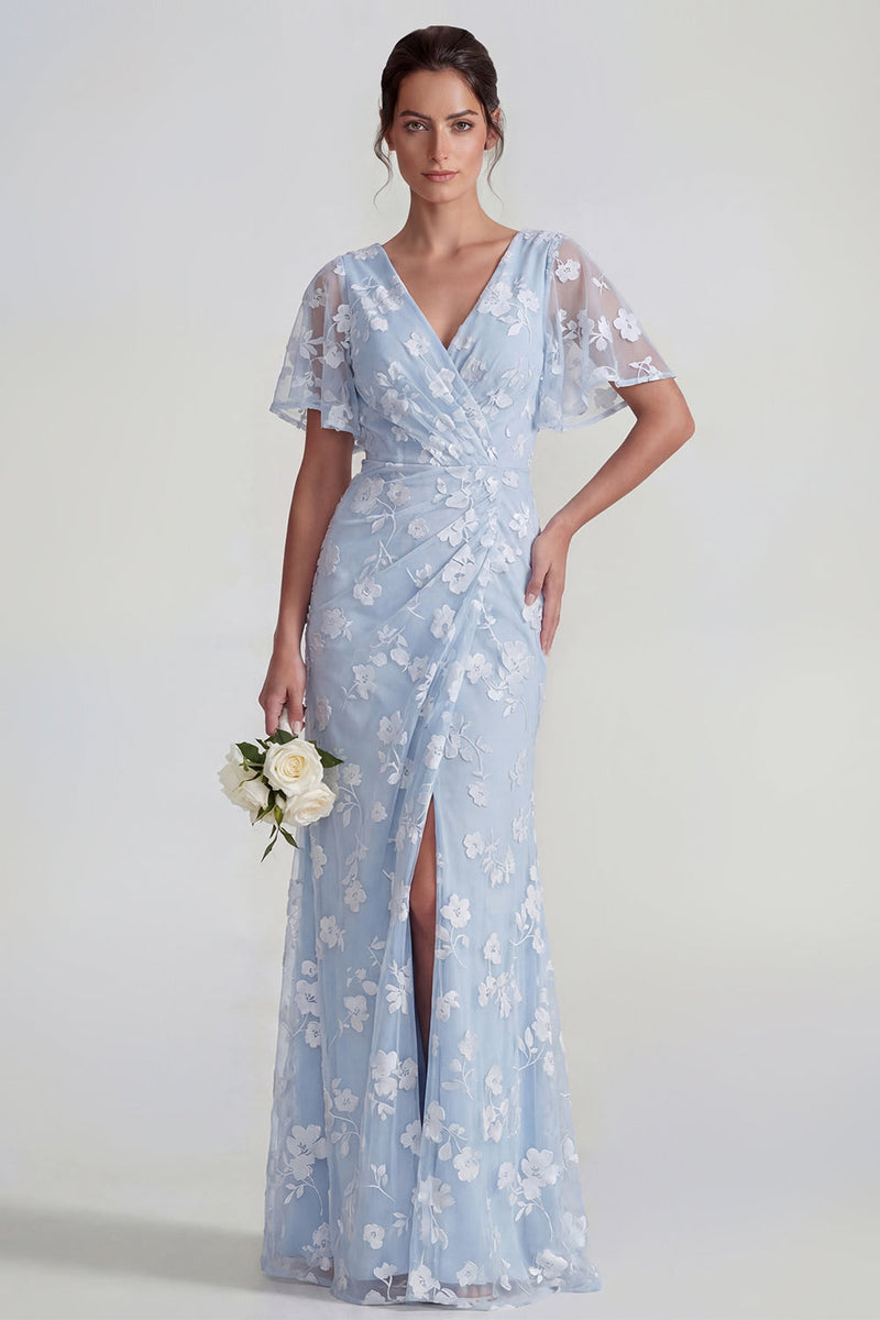 Laden Sie das Bild in den Galerie-Viewer, Blaues Scheide Kurzärmeliges Langes Blumenkleid mit Schlitz