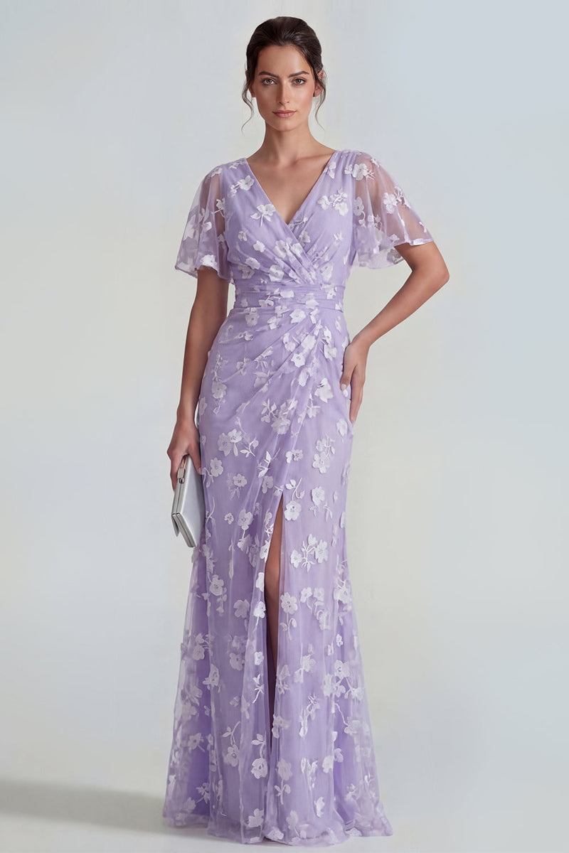 Laden Sie das Bild in den Galerie-Viewer, Blaues Scheide Kurzärmeliges Langes Blumenkleid mit Schlitz