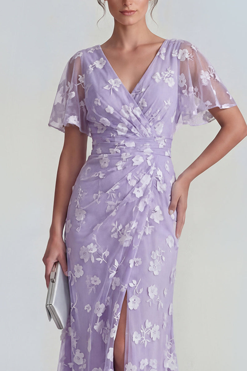 Laden Sie das Bild in den Galerie-Viewer, Blaues Scheide Kurzärmeliges Langes Blumenkleid mit Schlitz