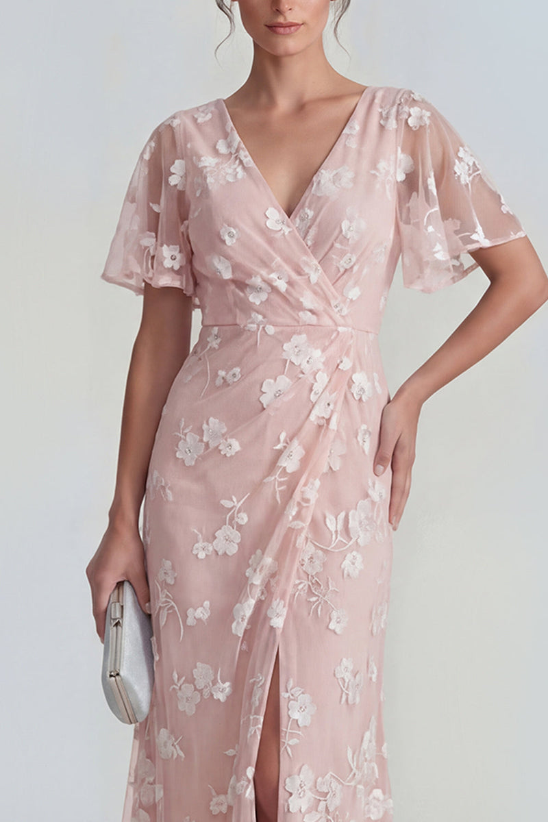 Laden Sie das Bild in den Galerie-Viewer, Blaues Scheide Kurzärmeliges Langes Blumenkleid mit Schlitz