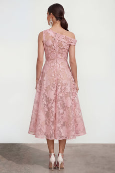 Rosa A-Linie Midi Floralkleid mit einer Schulter