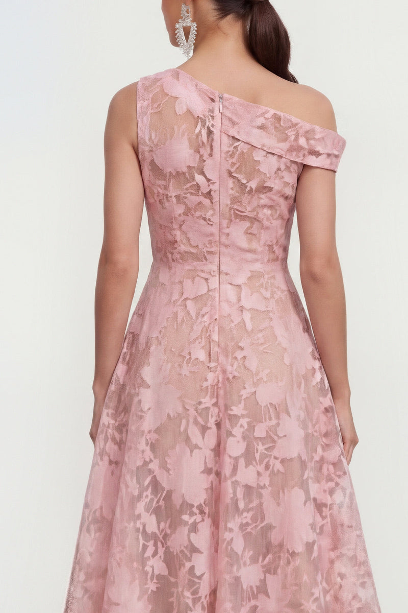 Laden Sie das Bild in den Galerie-Viewer, Rosa A-Linie Midi Floralkleid mit einer Schulter