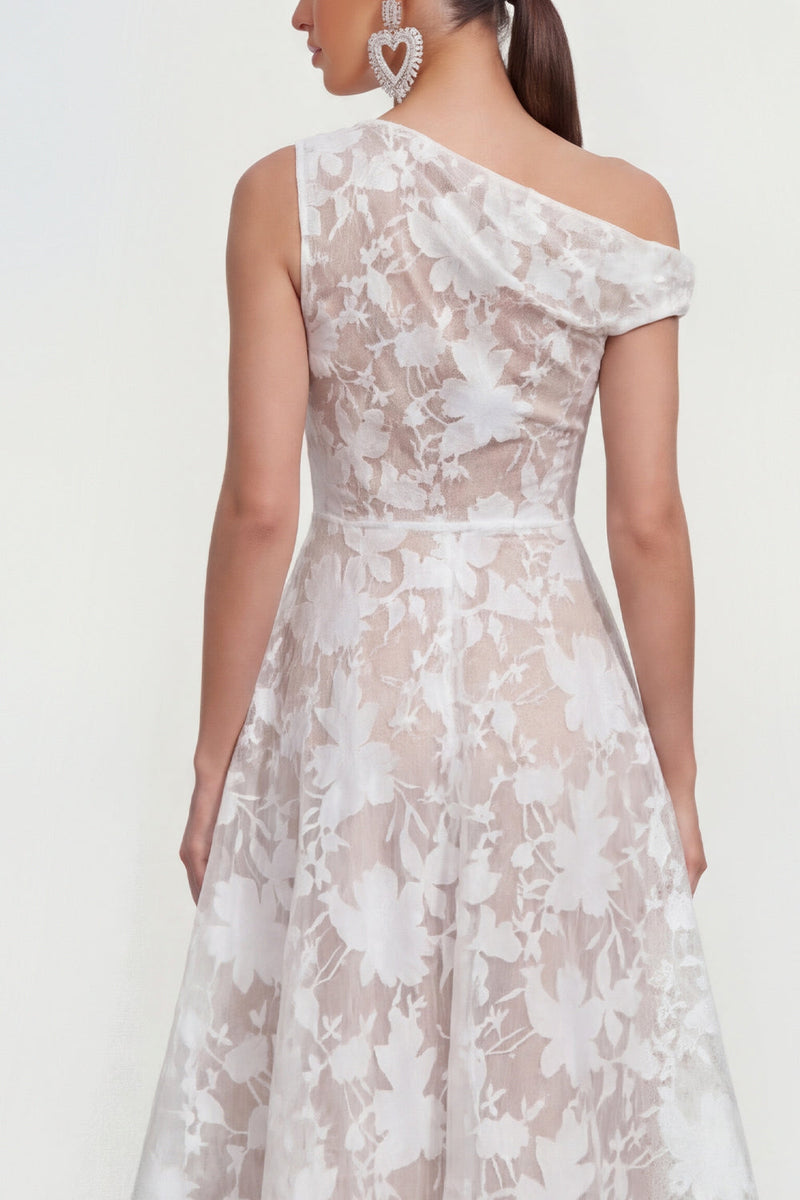 Laden Sie das Bild in den Galerie-Viewer, Rosa A-Linie Midi Floralkleid mit einer Schulter