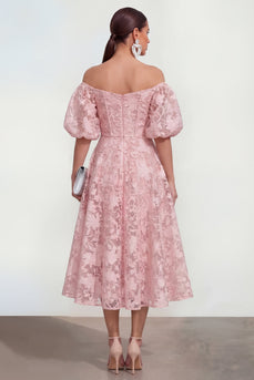 Rosa Schulterfreies A-Linie Midi Blumenkleid mit Puffärmeln