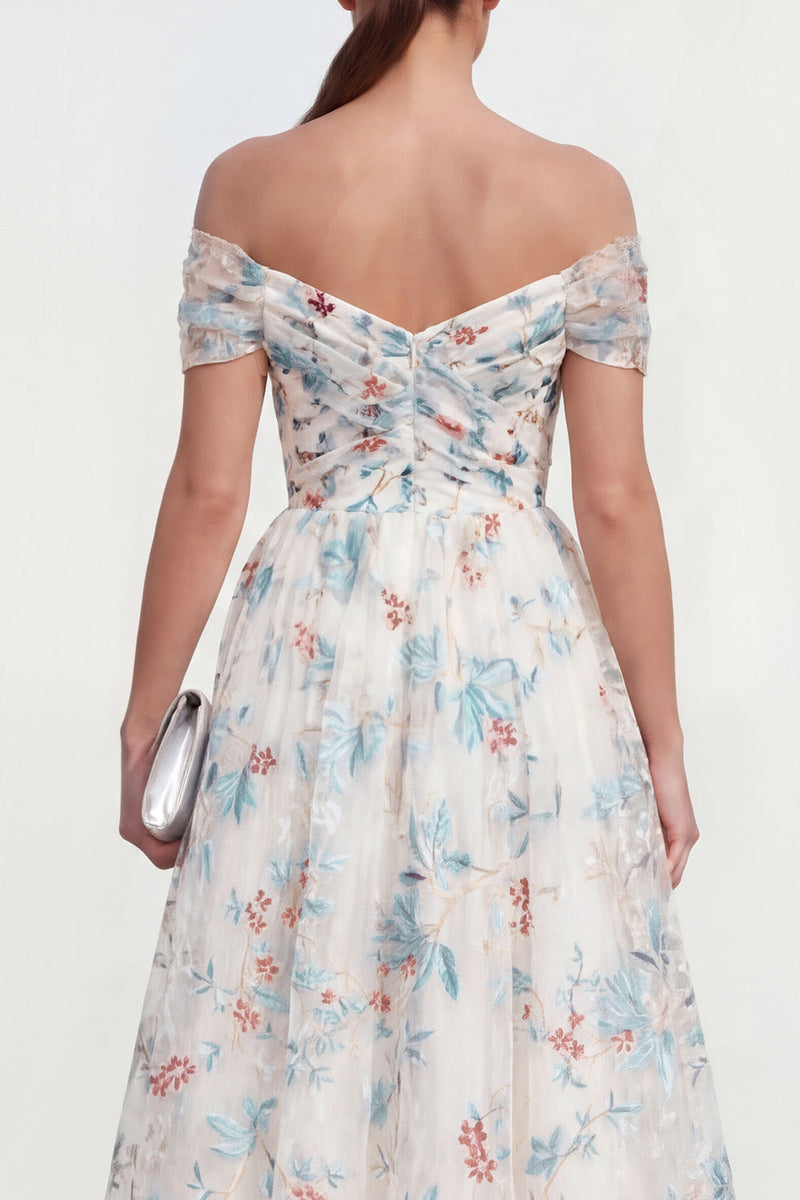 Laden Sie das Bild in den Galerie-Viewer, Weißes A Linie Schulterfriees Midi Mehrblumiges Kleid