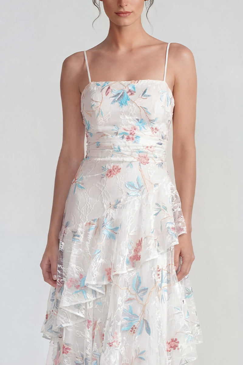 Laden Sie das Bild in den Galerie-Viewer, Weißes Scheide Spaghetti-Träger Maxi Multi-Blumen Ballkleid mit Rüschen